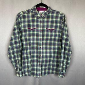 Women's VTG Wrangler Blues Western Purple Plaid Snap Up Cowgirl Cotton Blouse M